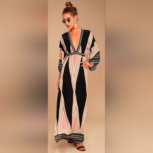 Lulu's Long Sleeve Montecito Black Print Maxi Dress